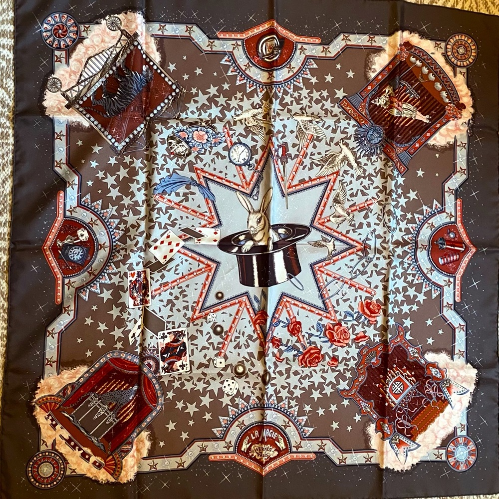 Hermès Silk Twill Scarf Le Magie Brown Plum 90cm